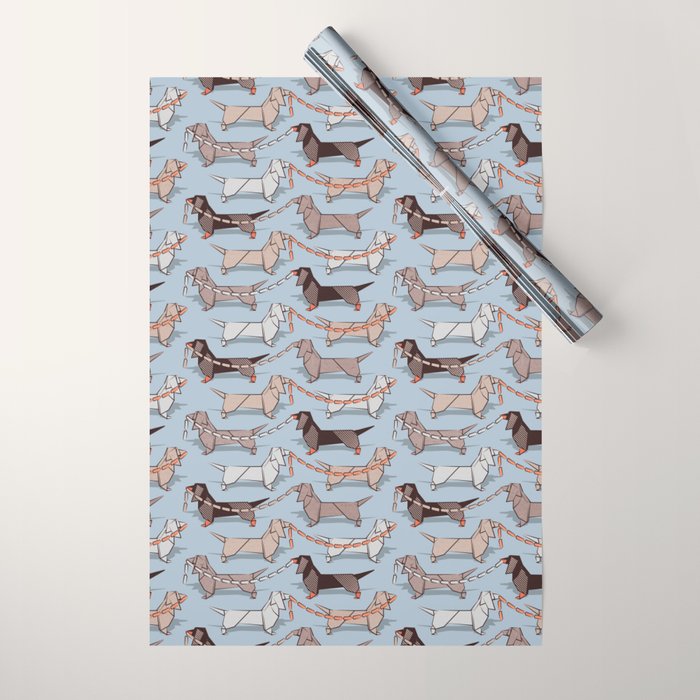 Origami Dachshunds sausage dogs // pale blue background Wrapping Paper Gallery Image 1