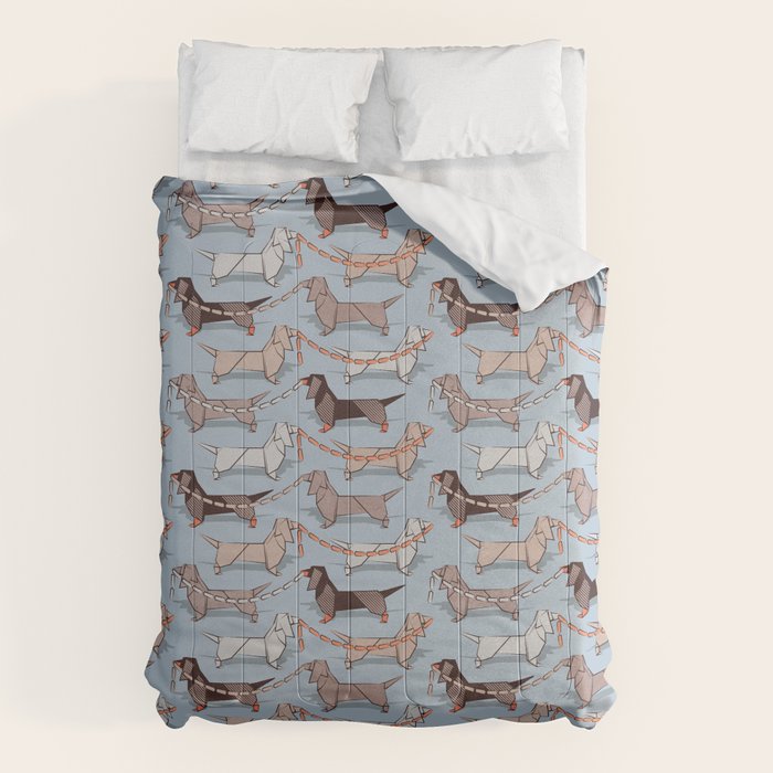 Origami Dachshunds sausage dogs // pale blue background Comforter Gallery Image 6