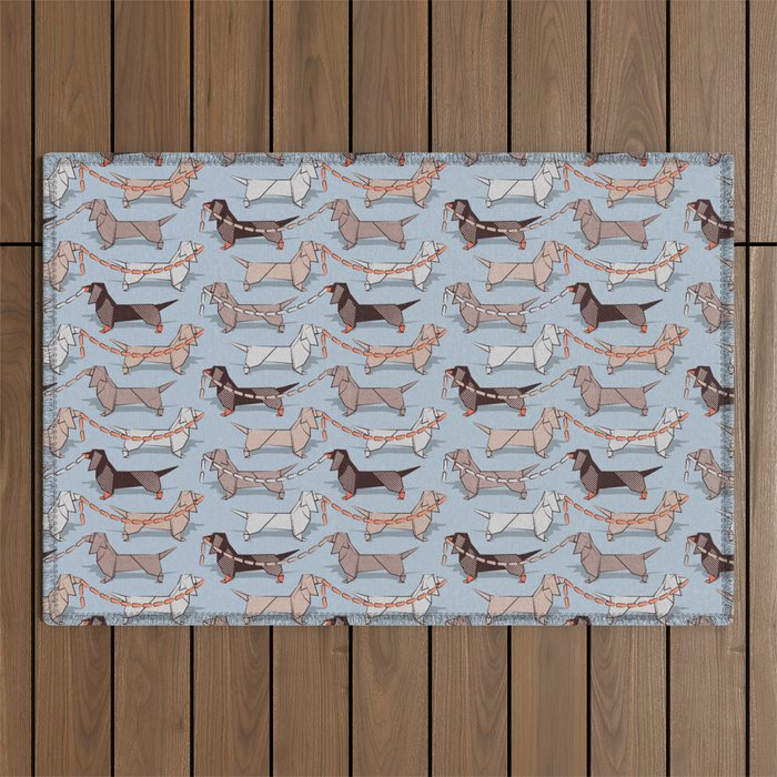 Origami Dachshunds sausage dogs // pale blue background Outdoor Rug Gallery Image 1