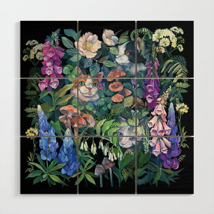 Cats Flower Garden Wood Wall Art Gallery Image 1