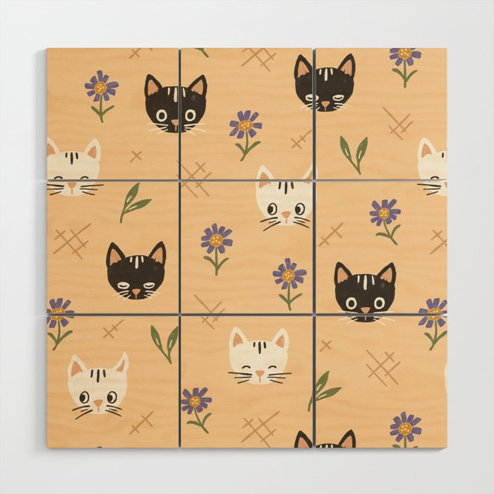 Cat Faces and Flowers Wood Wall Art Gallery Image 1