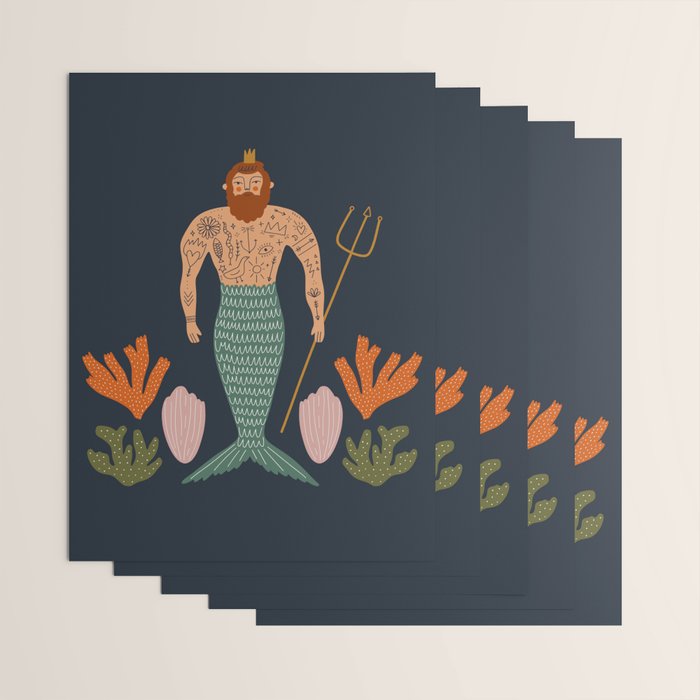 Hipster Mermaid Merman With Tattoos Poseidon King Of The Sea Midcentury Modern Cool Magical Mystical Abstract Art Bohemian Boho Style Trendy  Wrapping Paper Gallery Image 3