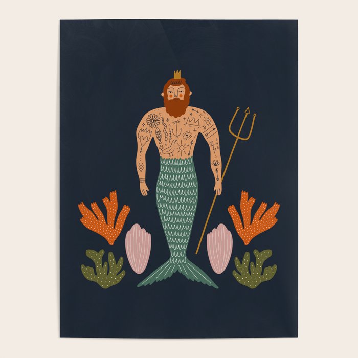 Hipster Mermaid Merman With Tattoos Poseidon King Of The Sea Midcentury Modern Cool Magical Mystical Abstract Art Bohemian Boho Style Trendy  Poster Gallery Image 4