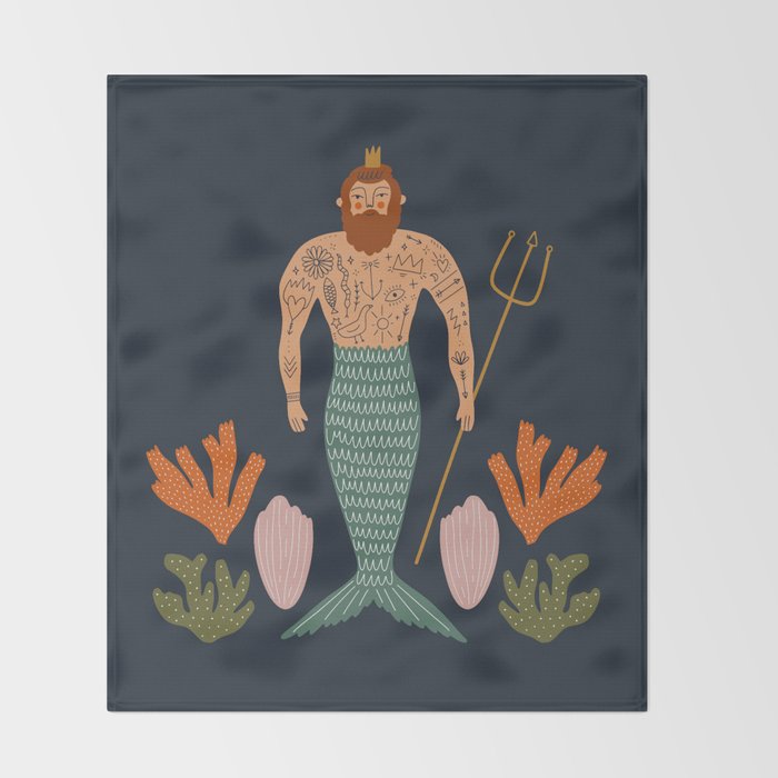 Hipster Mermaid Merman With Tattoos Poseidon King Of The Sea Midcentury Modern Cool Magical Mystical Abstract Art Bohemian Boho Style Trendy  Throw Blanket Gallery Image 2