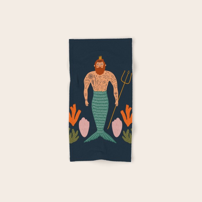 Hipster Mermaid Merman With Tattoos Poseidon King Of The Sea Midcentury Modern Cool Magical Mystical Abstract Art Bohemian Boho Style Trendy  Bath Towel Gallery Image 1