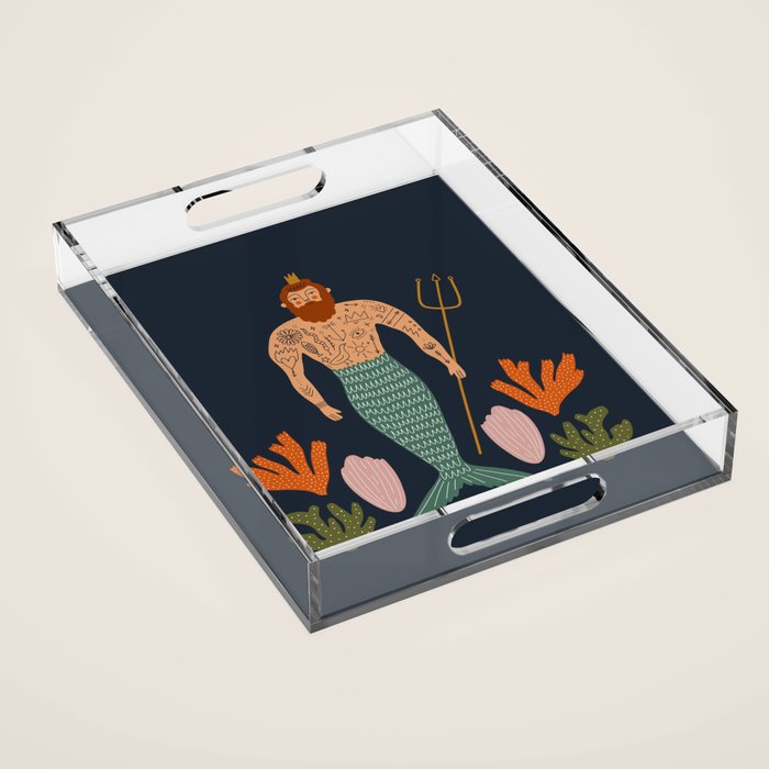 Hipster Mermaid Merman With Tattoos Poseidon King Of The Sea Midcentury Modern Cool Magical Mystical Abstract Art Bohemian Boho Style Trendy  Acrylic Tray Gallery Image 1