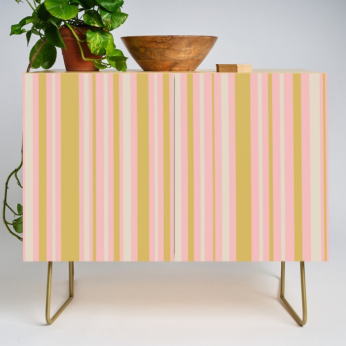 Splendid Stripes - Retro Modern Stripe Pattern in Gold, Pink, and Mushroom Credenza Gallery Image 1