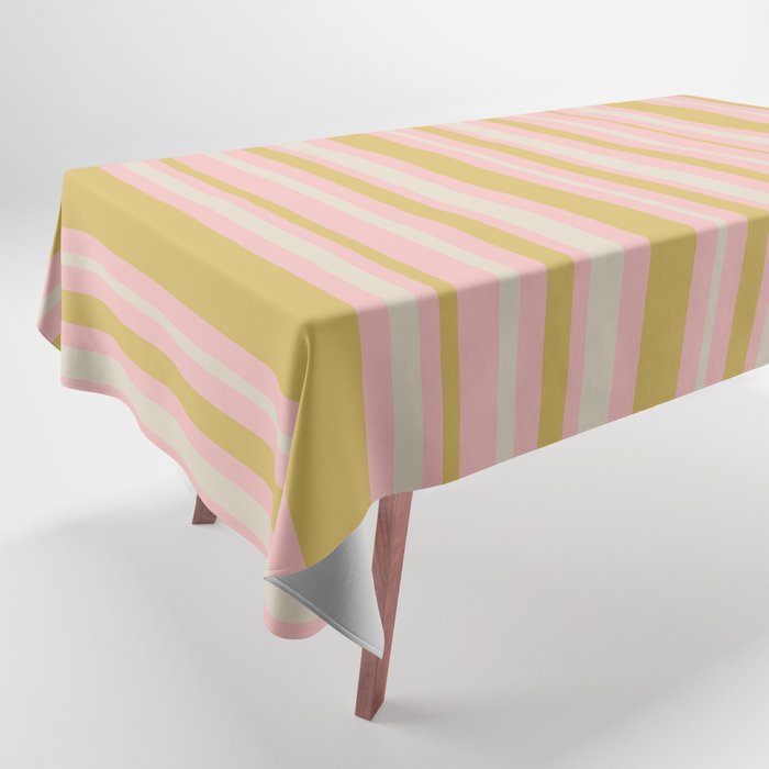 Splendid Stripes - Retro Modern Stripe Pattern in Gold, Pink, and Mushroom Tablecloth Gallery Image 1