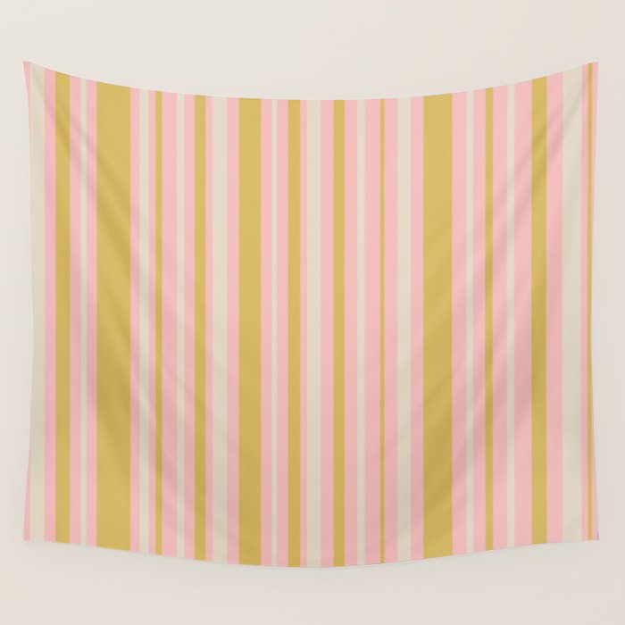 Splendid Stripes - Retro Modern Stripe Pattern in Gold, Pink, and Mushroom Wall Tapestry Gallery Image 4