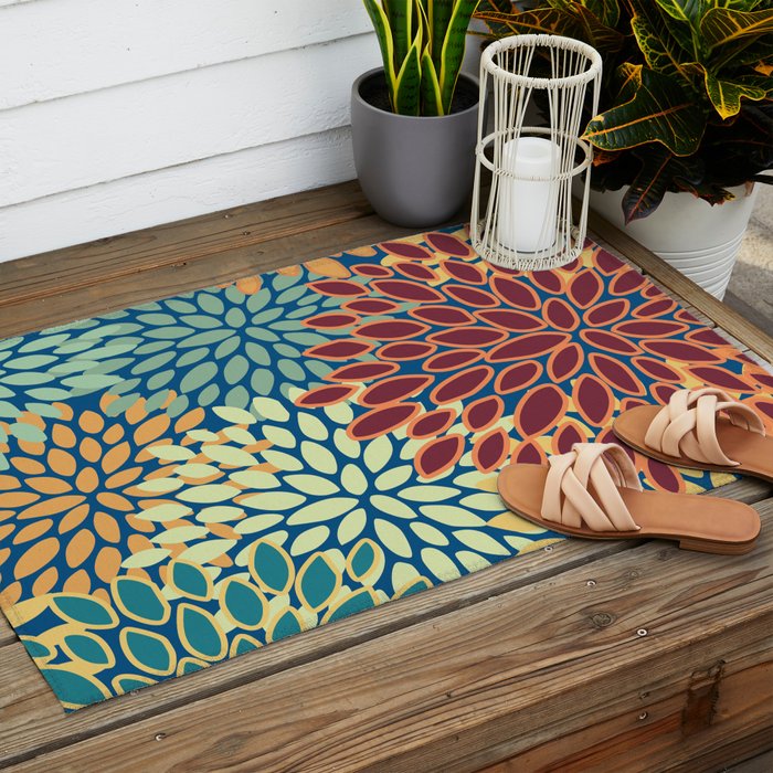 Festive Floral Prints, Red, Teal, Yellow, Orange, Colourful Prints Outdoor Rug Gallery Image 2