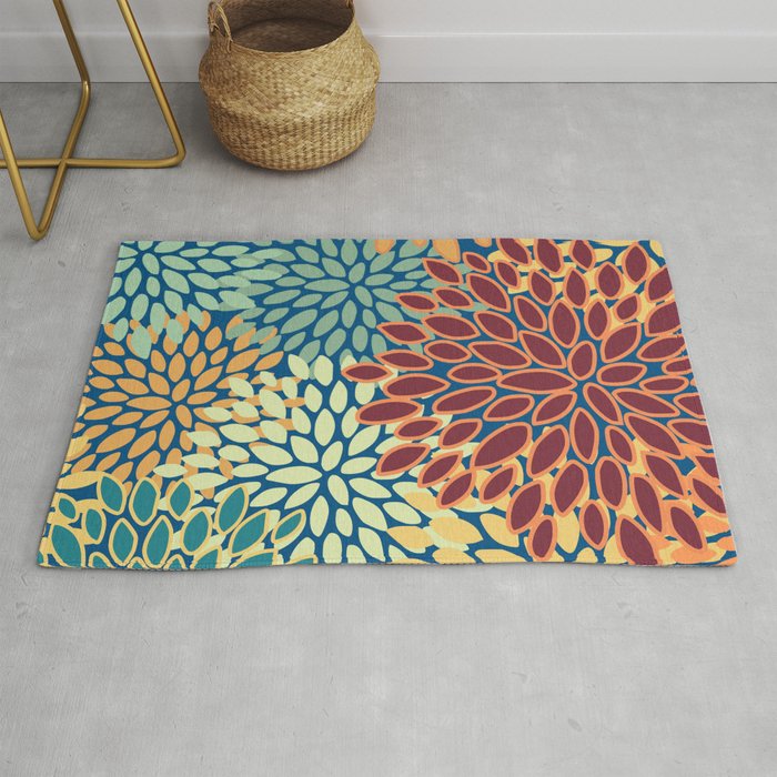 Festive Floral Prints, Red, Teal, Yellow, Orange, Colourful Prints Rug Gallery Image 1