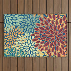 Festive Floral Prints, Red, Teal, Yellow, Orange, Colourful Prints Outdoor Rug Gallery Image 1