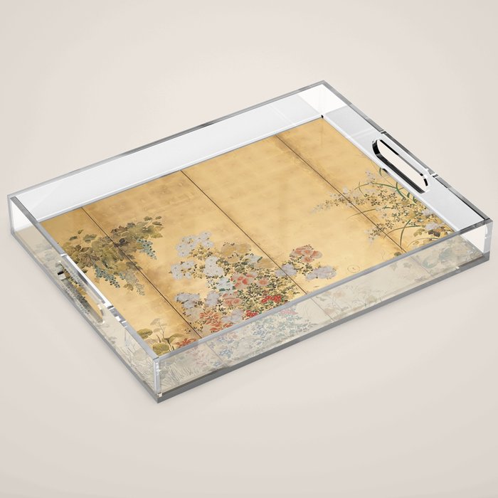 Japanese Edo Period Six-Panel Gold Leaf Screen - Spring and Autumn Flowers Acrylic Tray Gallery Image 1