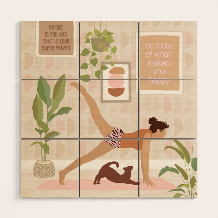 Yoga Girl Power with cat & plants Wood Wall Art Gallery Image 1