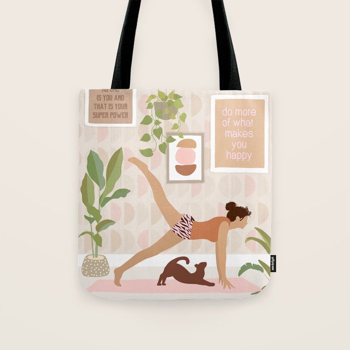 Yoga Girl Power with cat & plants Tote Bag Gallery Image 1