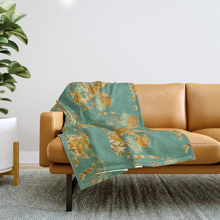 Porcelain Floral Dog - Mint & Ochre Throw Blanket Gallery Image 1
