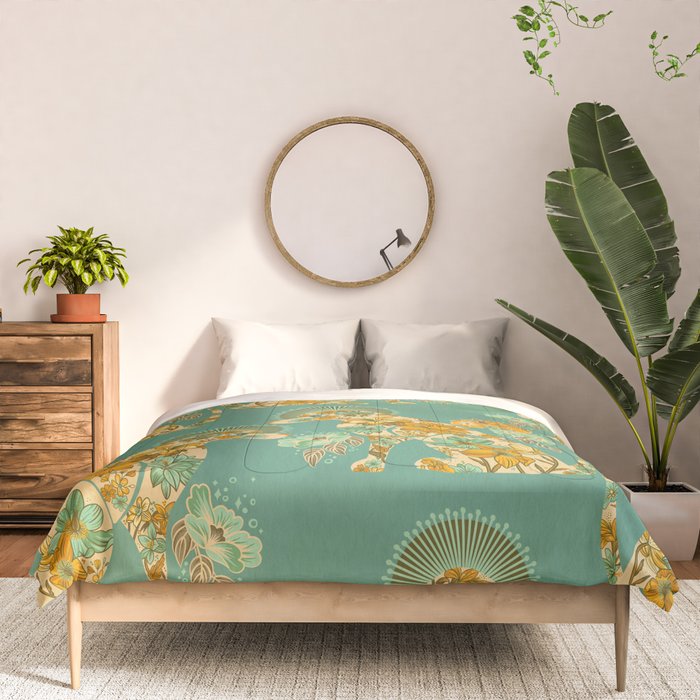 Porcelain Floral Dog - Mint & Ochre Comforter Gallery Image 3
