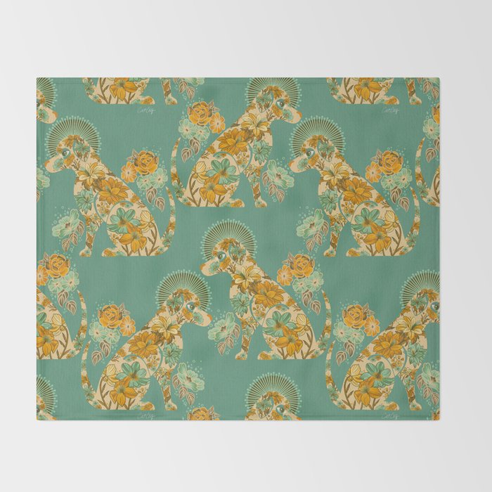 Porcelain Floral Dog - Mint & Ochre Throw Blanket Gallery Image 2