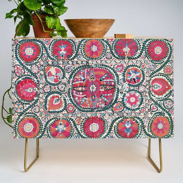 Large Medallion Bokhara Suzani  Uzbekistan Embroidery Print Credenza Gallery Image 1