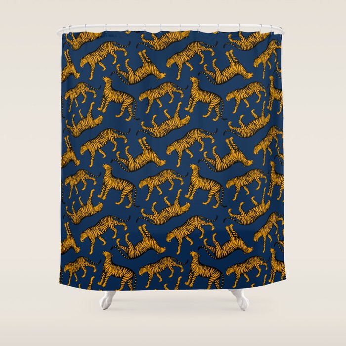 Tigers (Navy Blue and Marigold) Shower Curtain Gallery Image 1