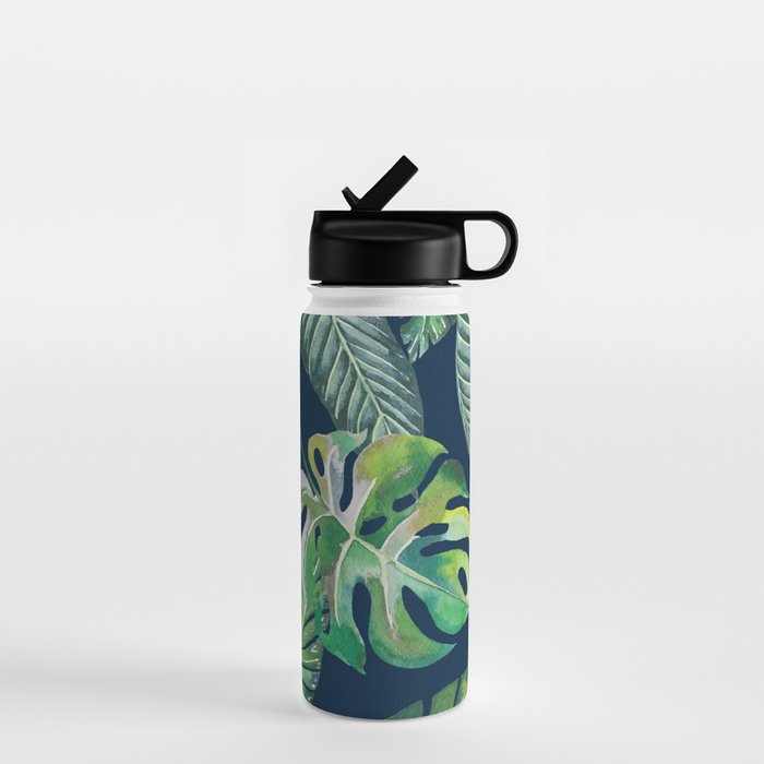 Jungle Leaves, Banana, Monstera, Blue Water Bottle