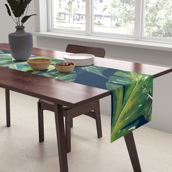 Jungle Leaves, Banana, Monstera, Blue Table Runner Gallery Image 2