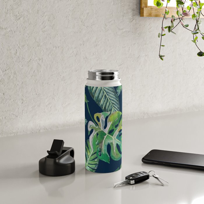 Jungle Leaves, Banana, Monstera, Blue Water Bottle Gallery Image 4