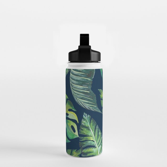 Jungle Leaves, Banana, Monstera, Blue Water Bottle Gallery Image 2