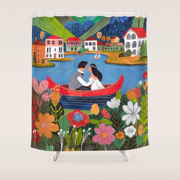 Wedding boat in mountain landscape Shower Curtain Gallery Image 1