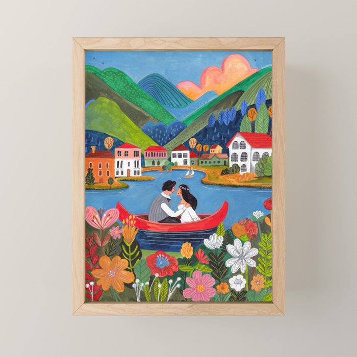 Wedding boat in mountain landscape Mini Art Print Gallery Image 1