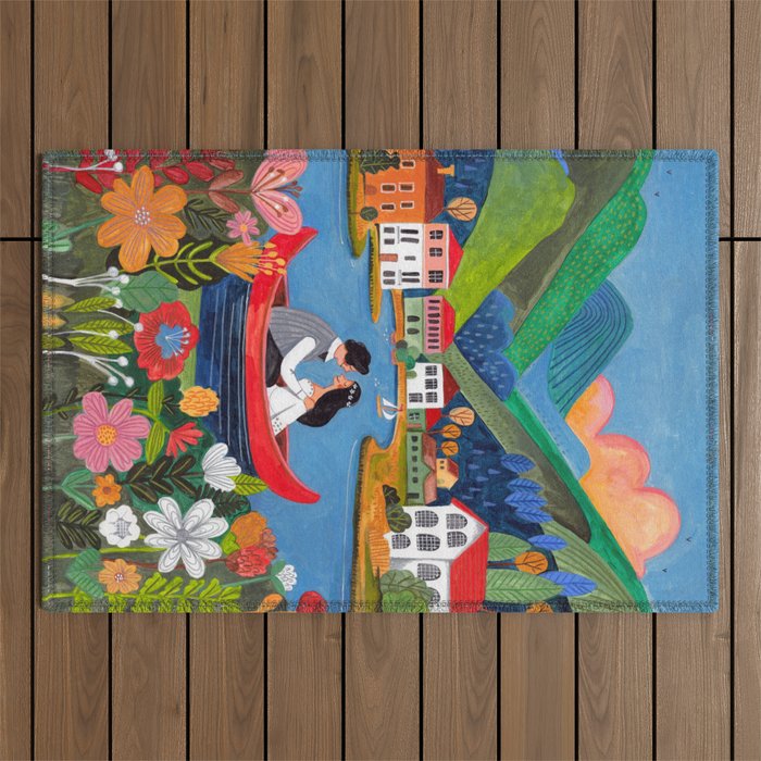 Wedding boat in mountain landscape Outdoor Rug Gallery Image 1