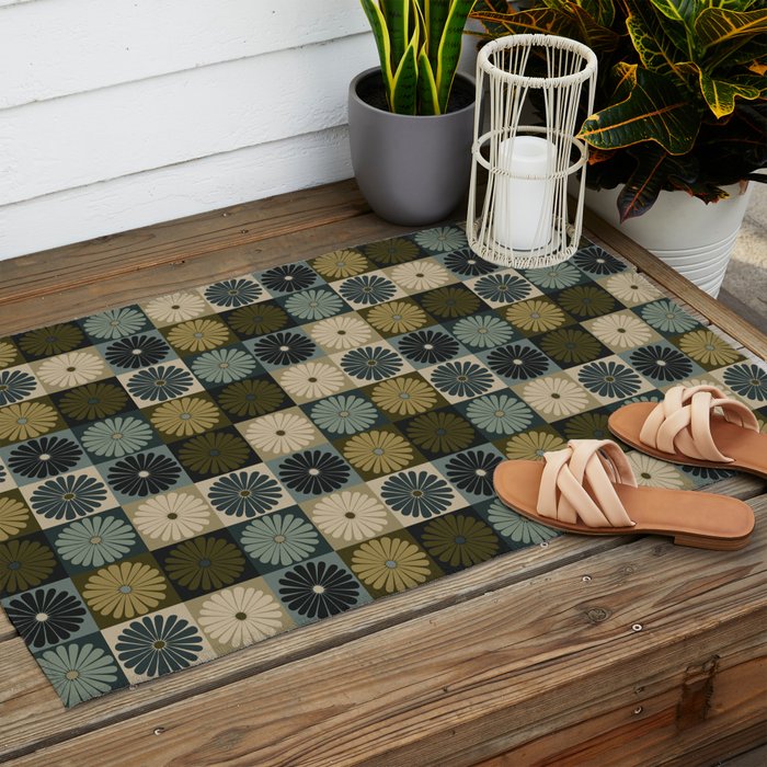 Retro Flowers Check Pattern V Outdoor Rug Gallery Image 2