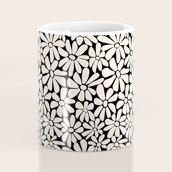 Black and White Retro Floral 2 Coffee Mug Gallery Image 4