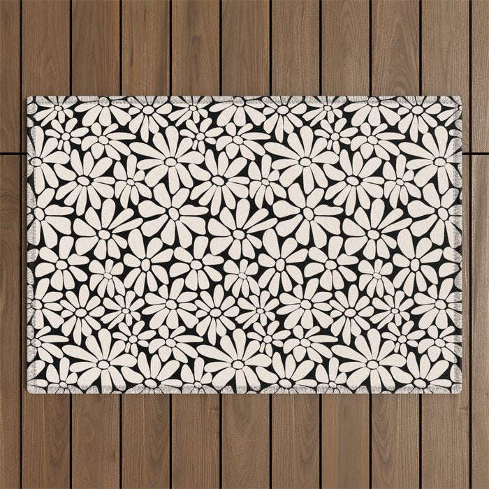 Black and White Retro Floral 2 Outdoor Rug Gallery Image 1