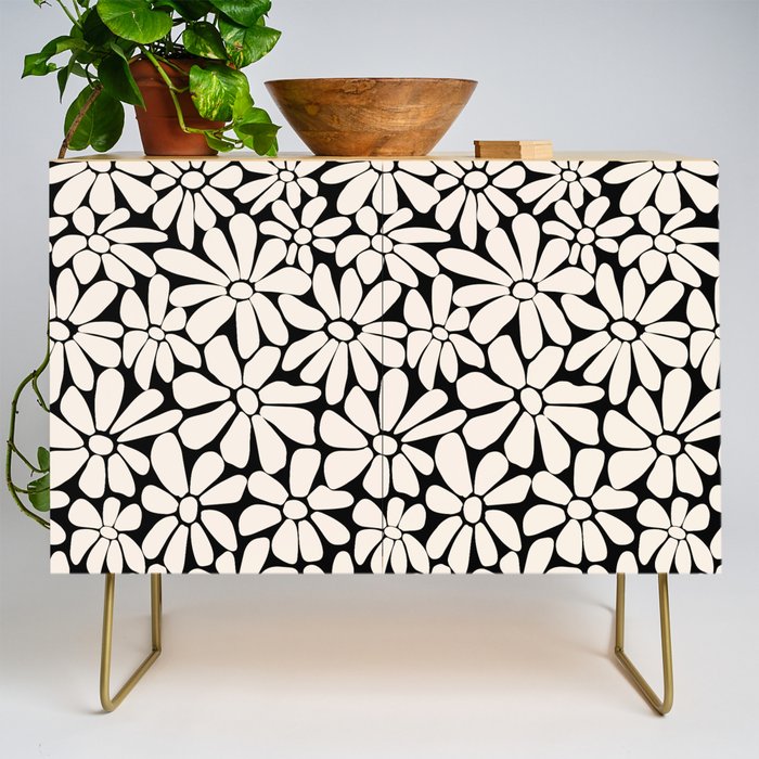 Black and White Retro Floral 2 Credenza Gallery Image 1