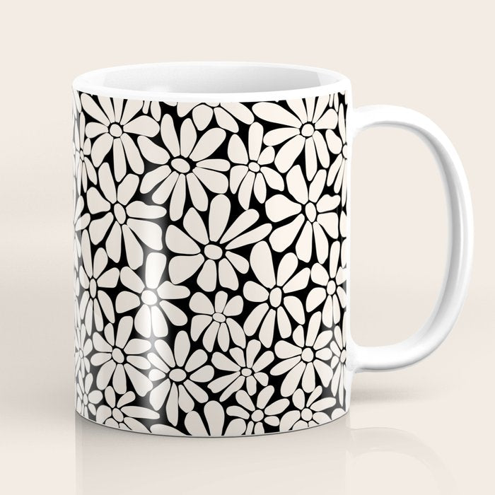 Black and White Retro Floral 2 Coffee Mug Gallery Image 1