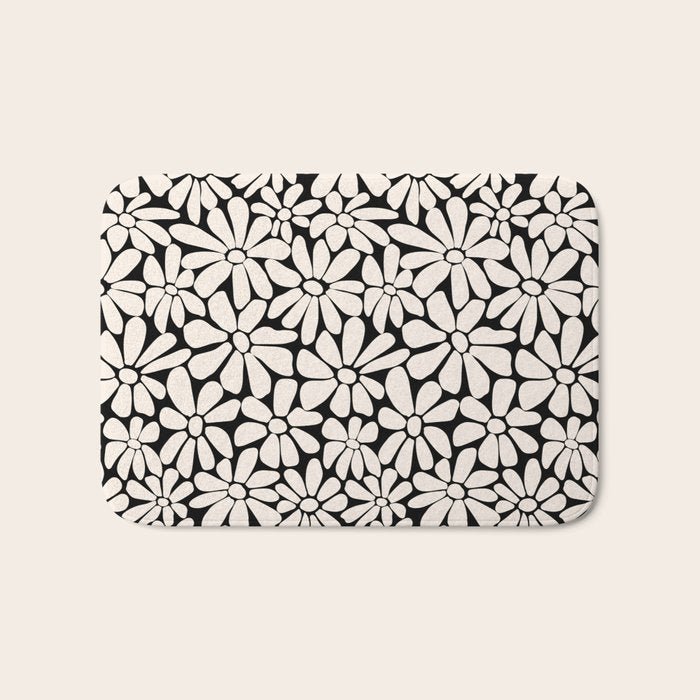 Black and White Retro Floral 2 Bath Mat Gallery Image 1