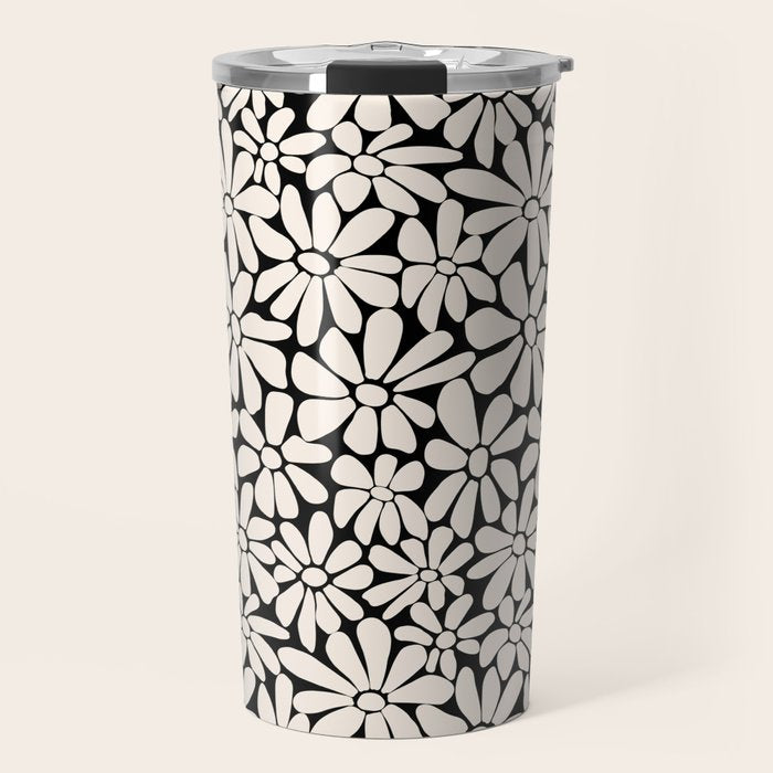 Black and White Retro Floral 2 Travel Mug Gallery Image 1