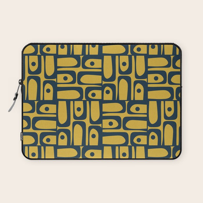 Mid Century Modern Piquet Abstract Multi Geometric Pattern in Navy Blue and Light Mustard Laptop Sleeve Gallery Image 1