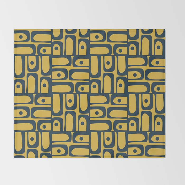 Mid Century Modern Piquet Abstract Multi Geometric Pattern in Navy Blue and Light Mustard Throw Blanket Gallery Image 2