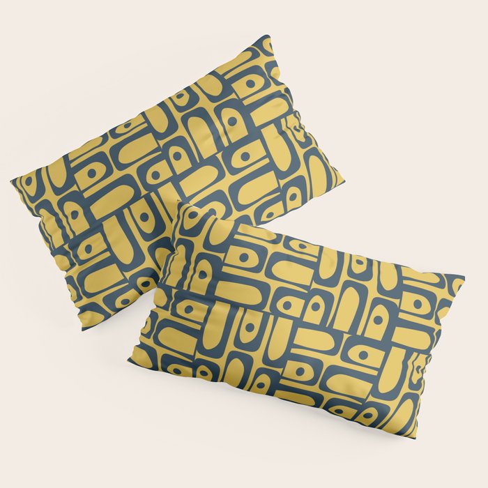 Mid Century Modern Piquet Abstract Multi Geometric Pattern in Navy Blue and Light Mustard Pillow Sham Gallery Image 2