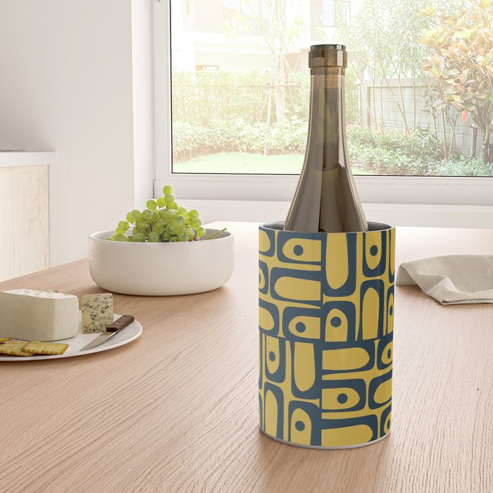 Mid Century Modern Piquet Abstract Multi Geometric Pattern in Navy Blue and Light Mustard Wine Chiller Gallery Image 4