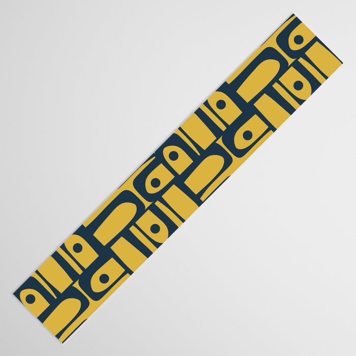 Mid Century Modern Piquet Abstract Multi Geometric Pattern in Navy Blue and Light Mustard Table Runner Gallery Image 3