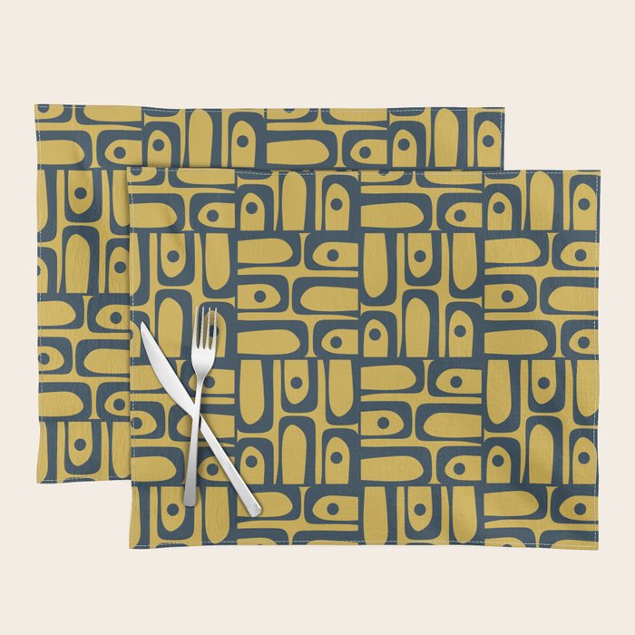 Mid Century Modern Piquet Abstract Multi Geometric Pattern in Navy Blue and Light Mustard Placemat Gallery Image 1
