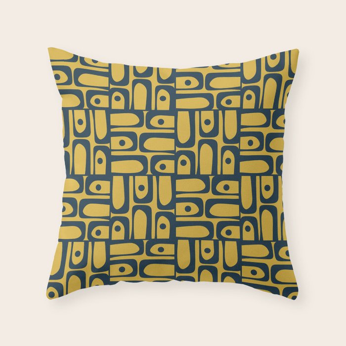 Mid Century Modern Piquet Abstract Multi Geometric Pattern in Navy Blue and Light Mustard Throw Pillow Gallery Image 1