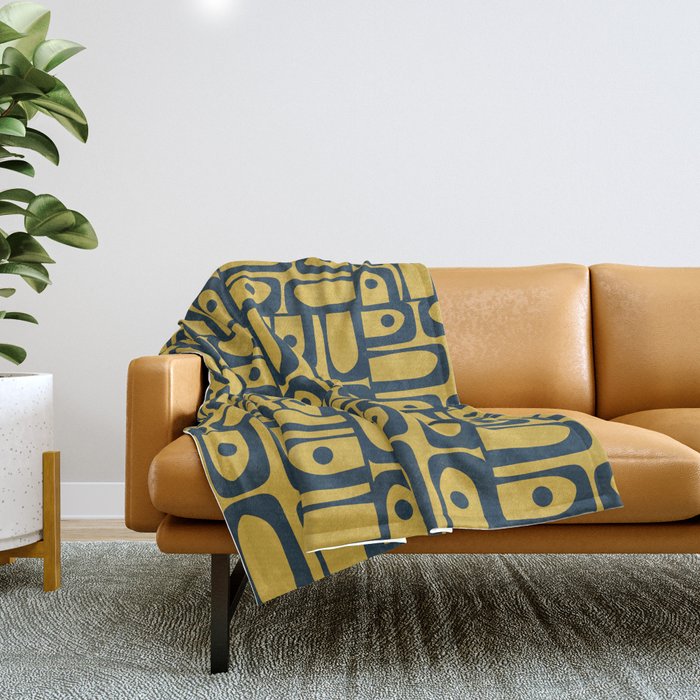 Mid Century Modern Piquet Abstract Multi Geometric Pattern in Navy Blue and Light Mustard Throw Blanket Gallery Image 1