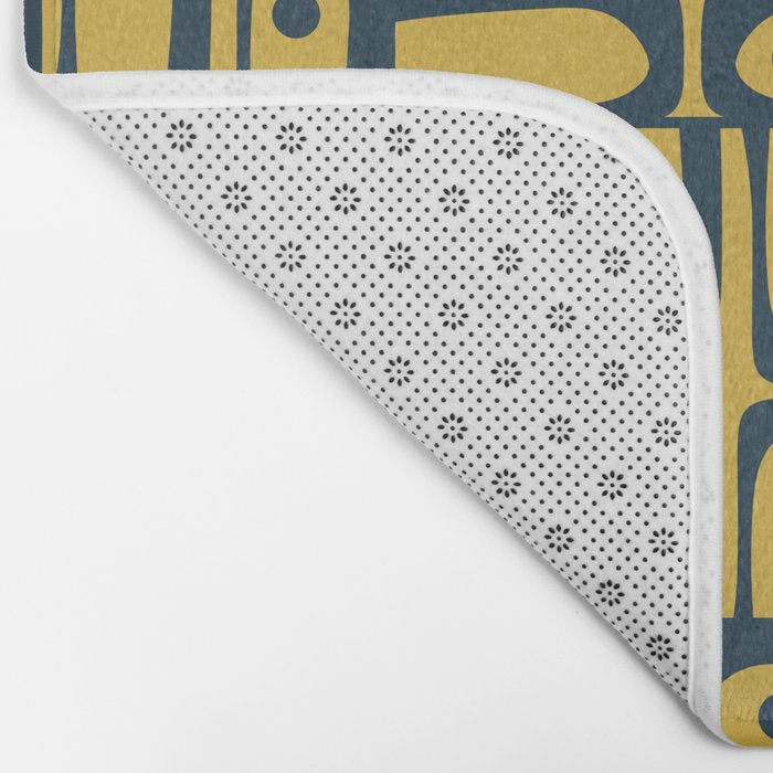 Mid Century Modern Piquet Abstract Multi Geometric Pattern in Navy Blue and Light Mustard Bath Mat Gallery Image 2