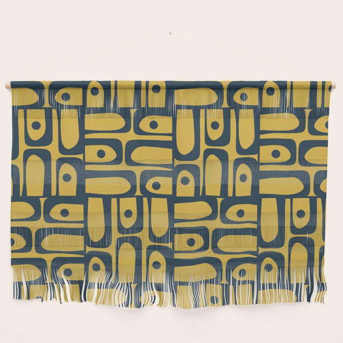 Mid Century Modern Piquet Abstract Multi Geometric Pattern in Navy Blue and Light Mustard Wall Hanging Gallery Image 1
