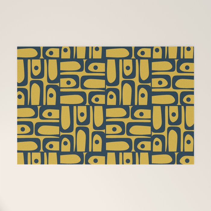 Mid Century Modern Piquet Abstract Multi Geometric Pattern in Navy Blue and Light Mustard Welcome Mat Gallery Image 1