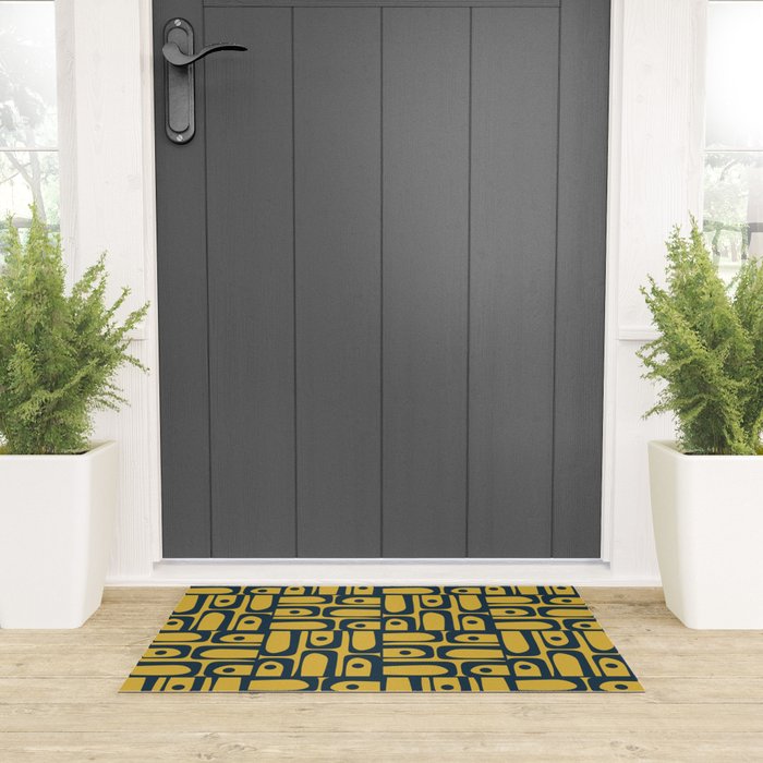 Mid Century Modern Piquet Abstract Multi Geometric Pattern in Navy Blue and Light Mustard Welcome Mat Gallery Image 3